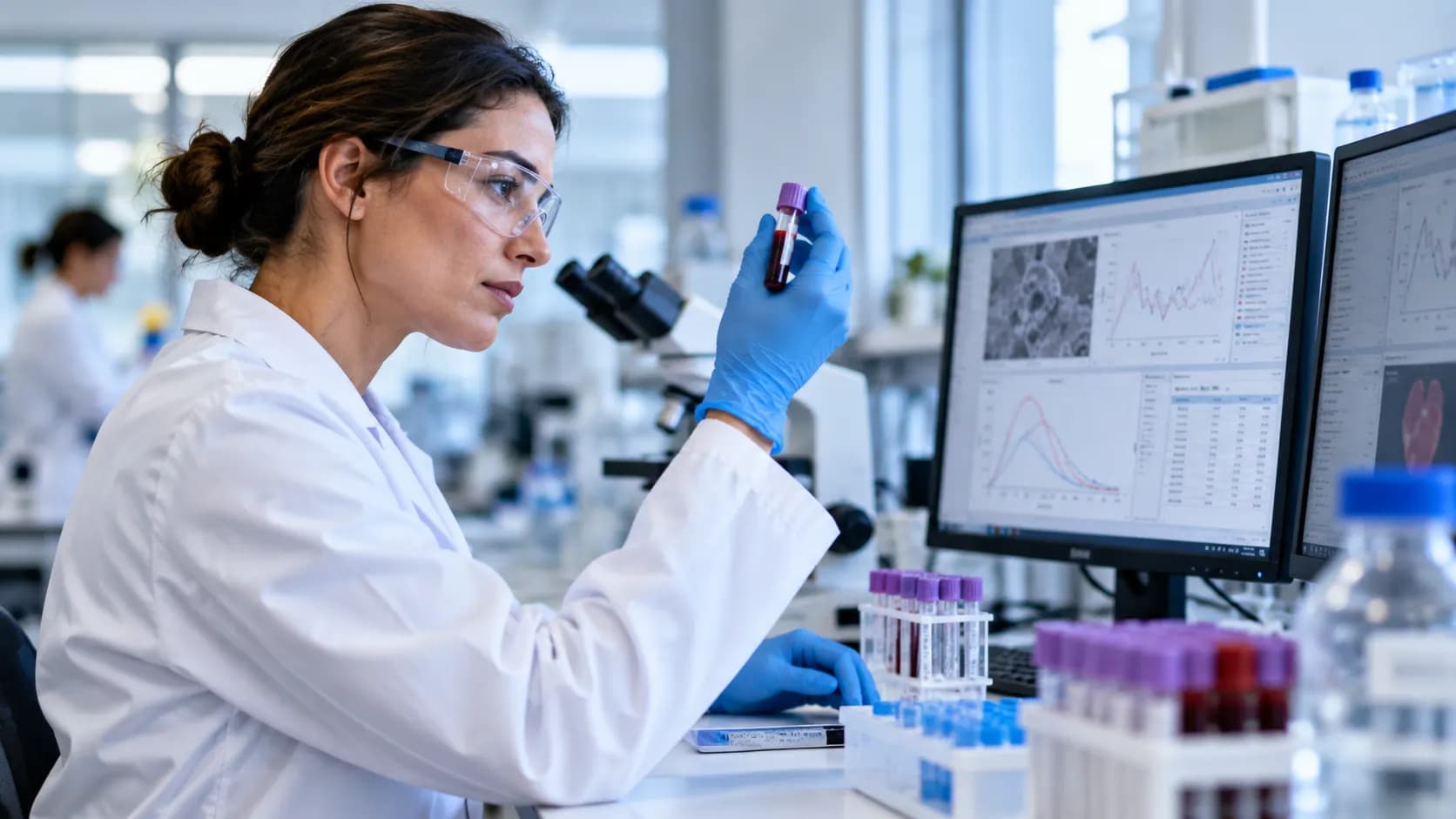 A researcher examining blood samples and cardiovascular laboratory data.