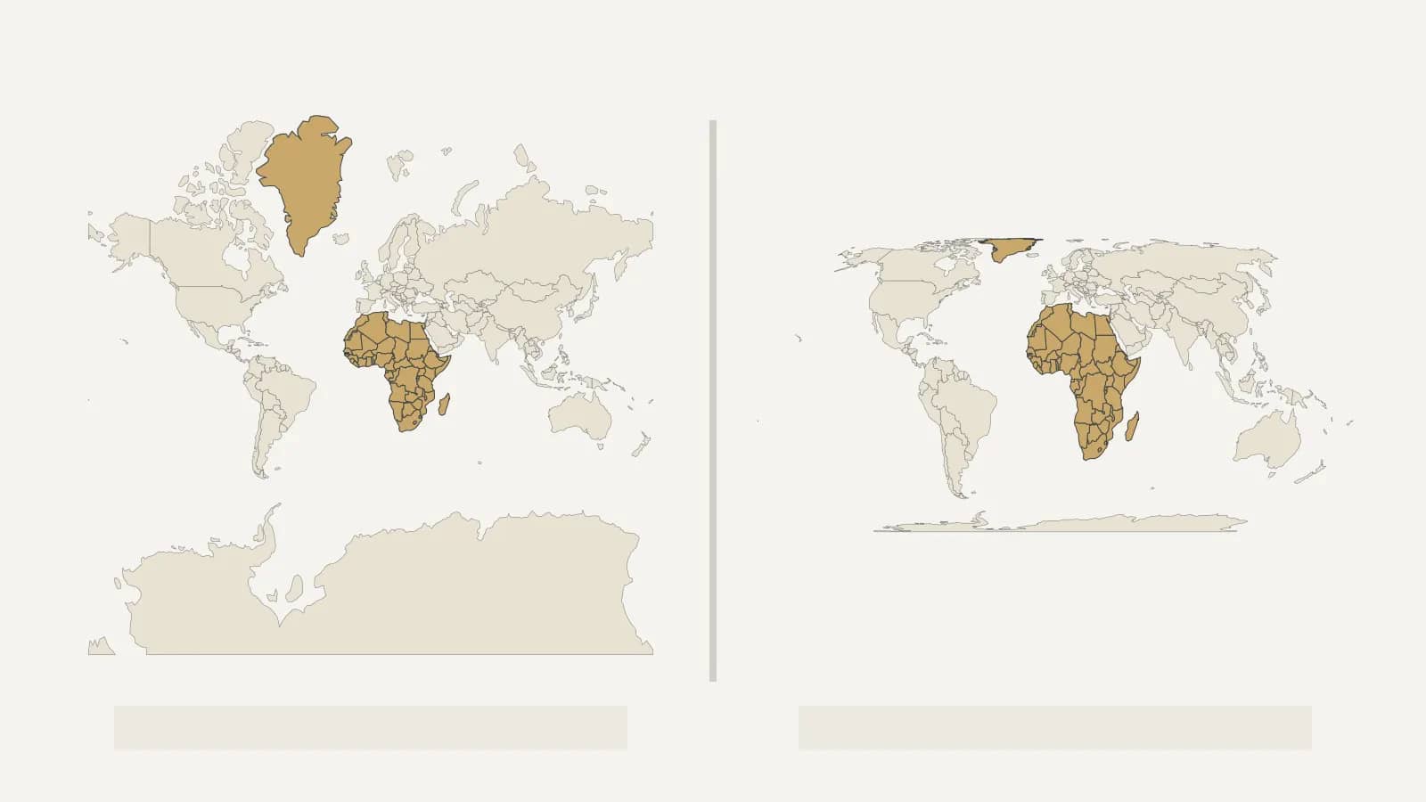 Mercator and Equal Earth world maps shown side by side with Africa and Greenland visible for comparison.