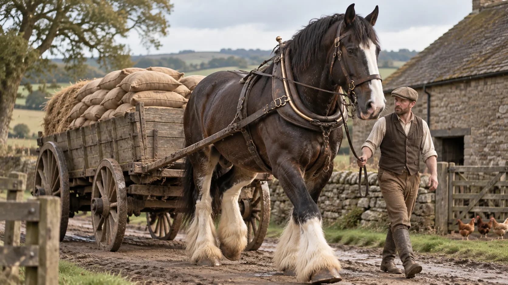 A large Shire horse in traditional harness pulling a heavy agricultural wagon.