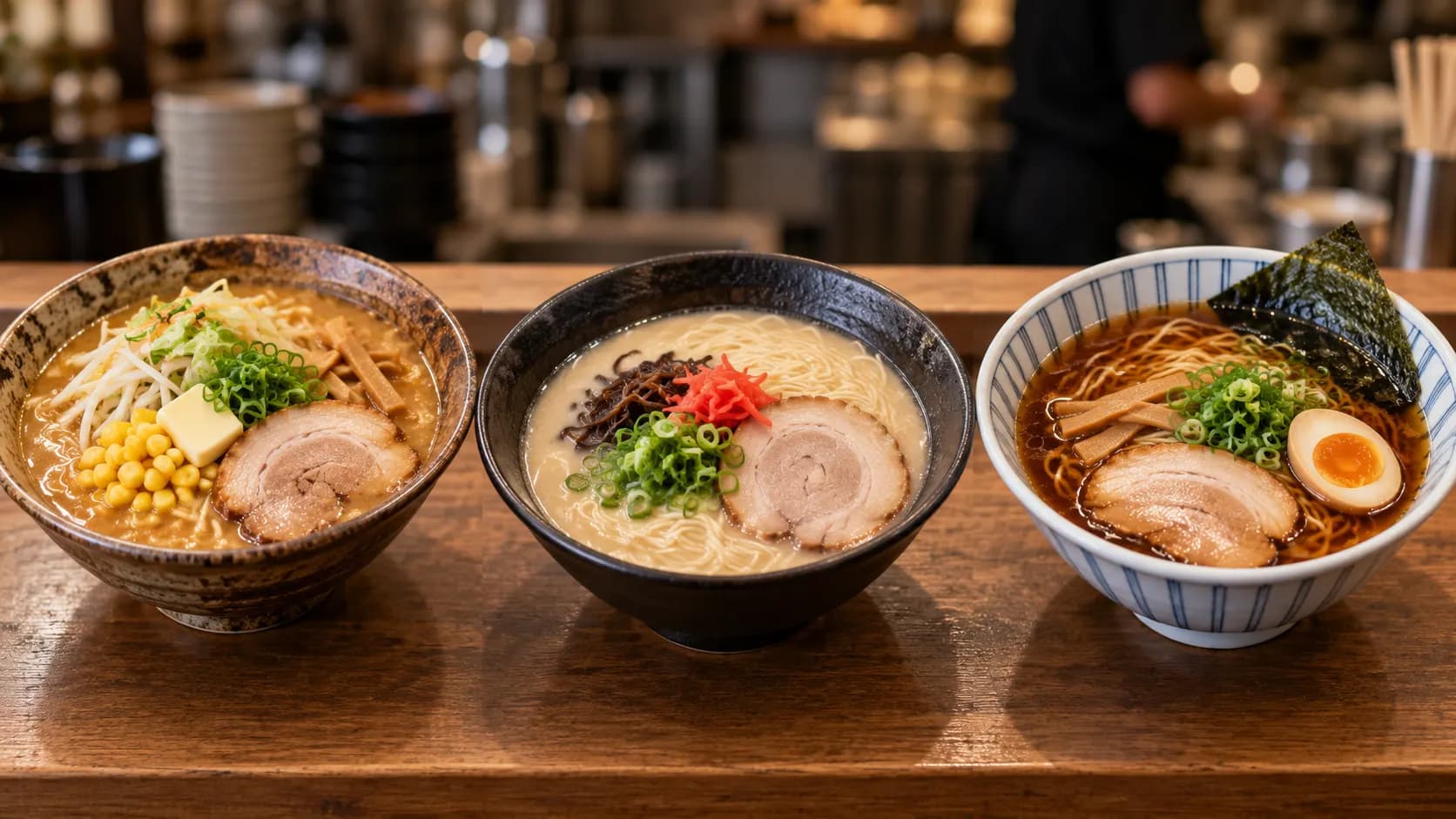 Three ramen bowls representing Sapporo miso, Hakata tonkotsu and Tokyo shoyu styles.