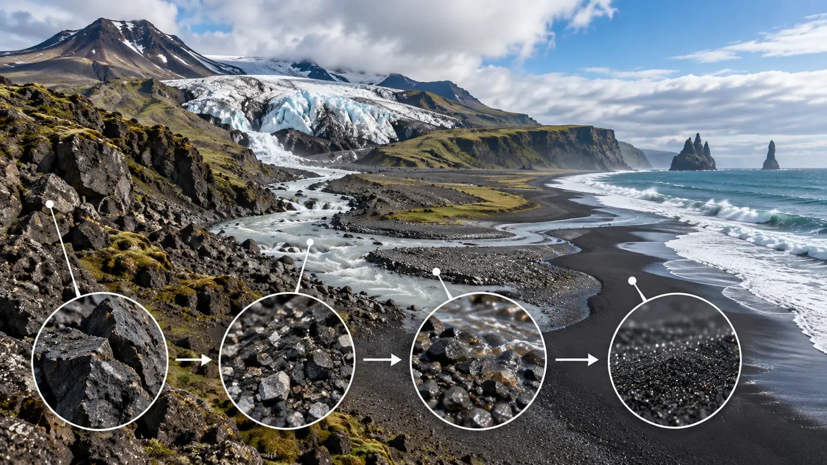 A diagram showing volcanic rock being eroded by glaciers and rivers before dark sediment reaches an Icelandic beach.
