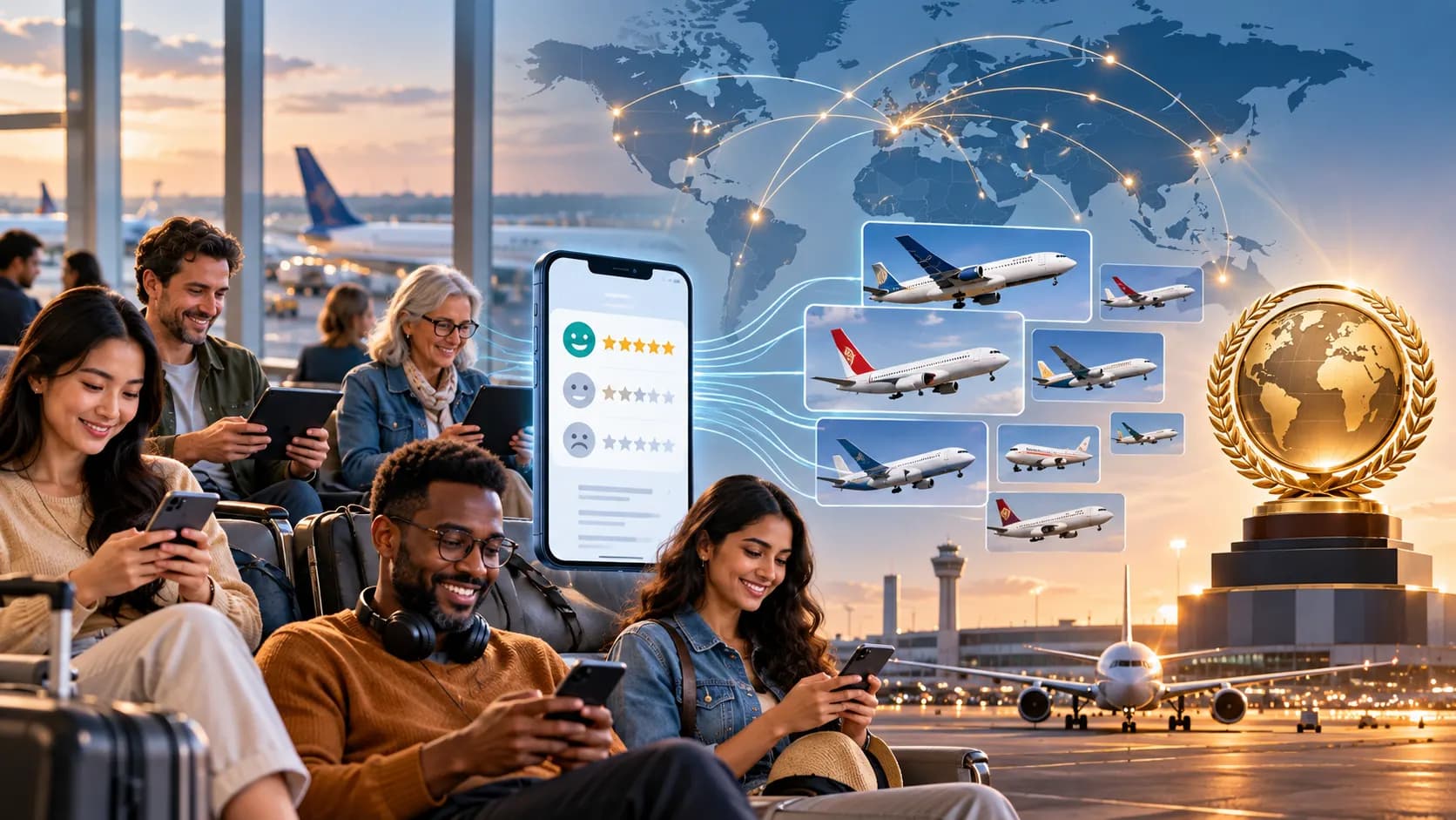 An illustration showing airline passengers contributing ratings to a global airline survey.