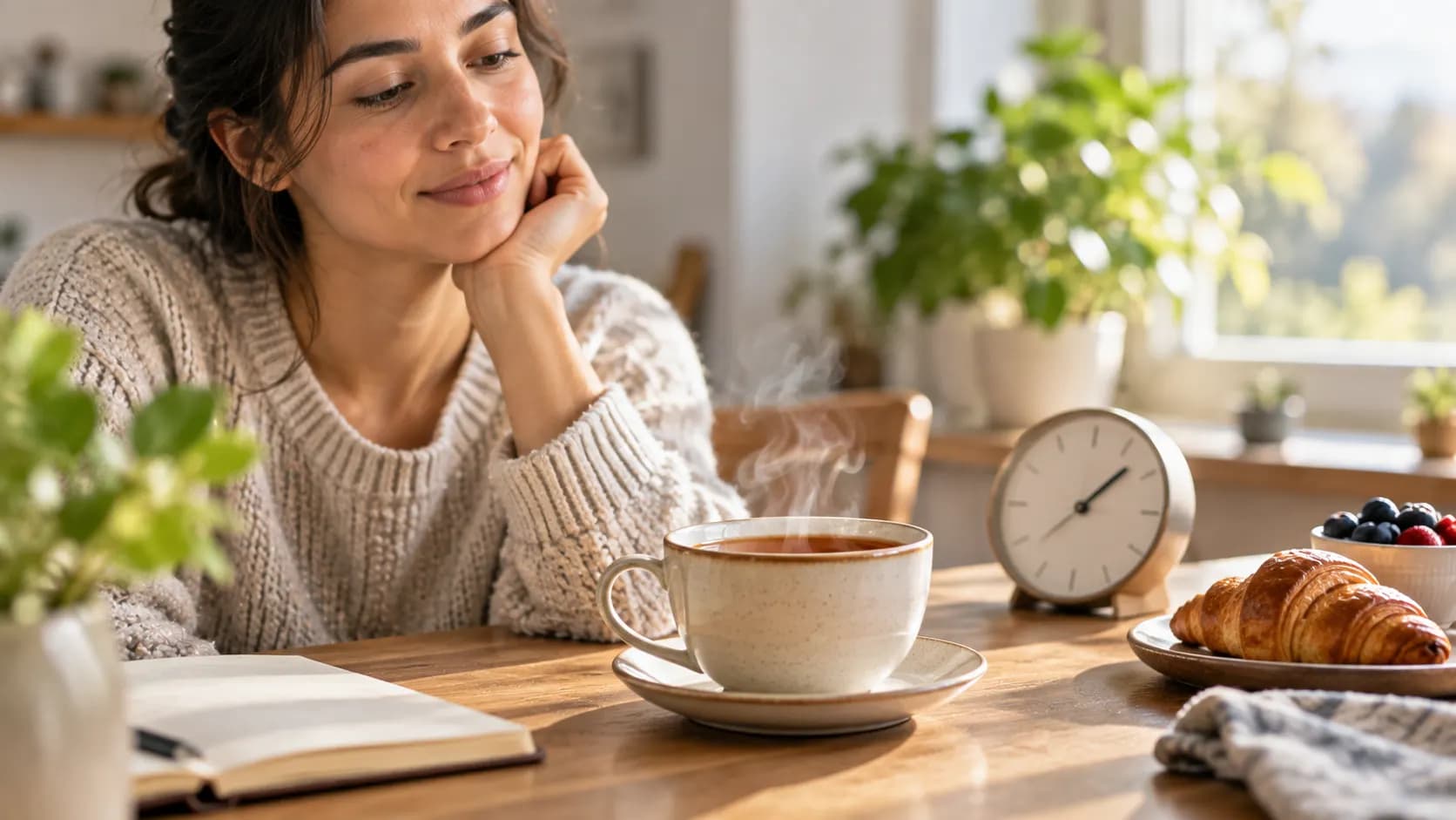 A steaming cup of tea cooling on a table before an adult takes a sip.