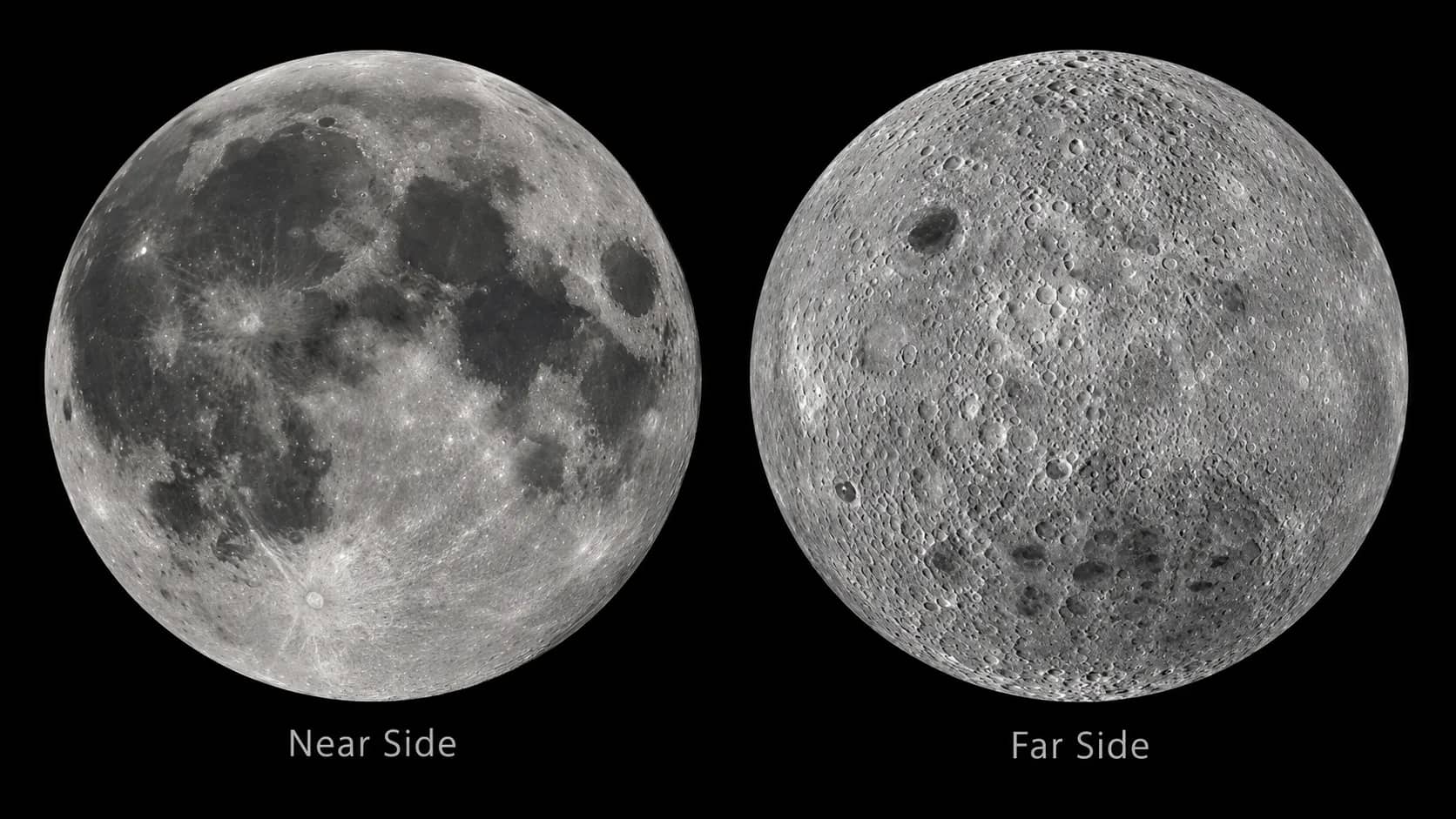 The near side and far side of the Moon shown side by side, revealing their different surface appearances.