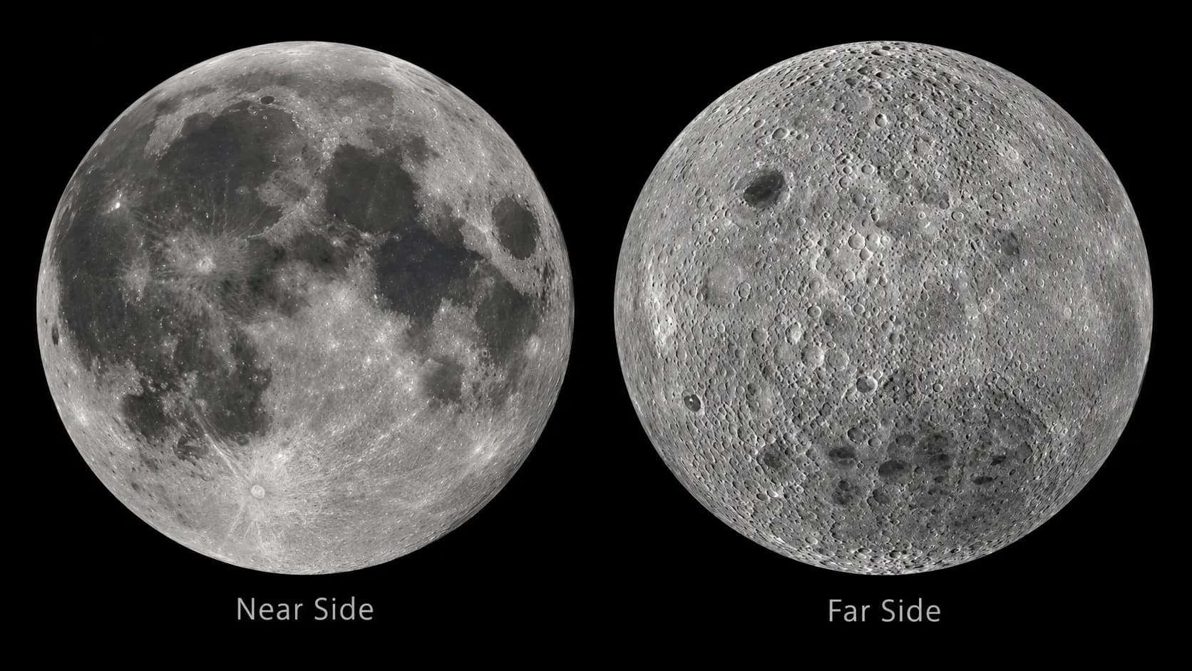 The near side and far side of the Moon shown side by side, revealing their different surface appearances.