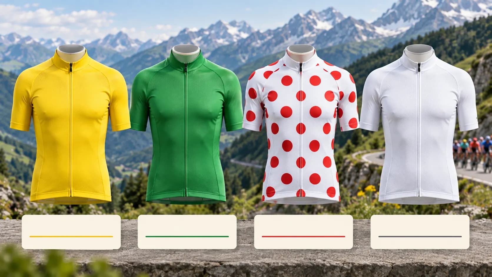 Yellow, green, red-polka-dot and white cycling jerseys displayed side by side