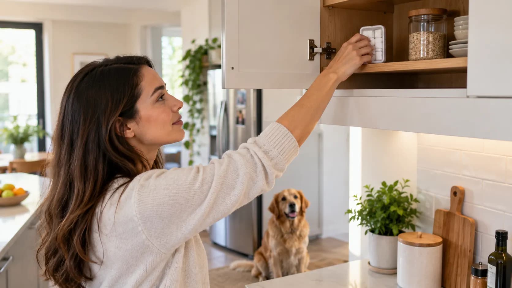 Sugar-free gum being stored securely in a high cabinet away from a dog.