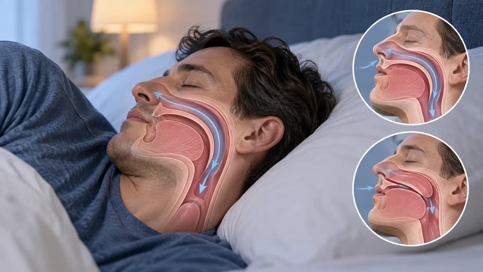 A sleep-health illustration showing a sleeping adult and a simplified view of airflow through the upper airway.