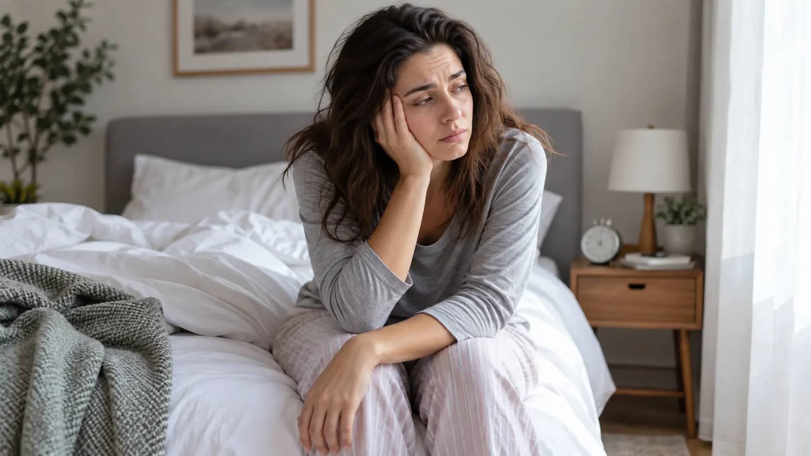 An adult sitting on the edge of a bed in the morning looking tired after waking.