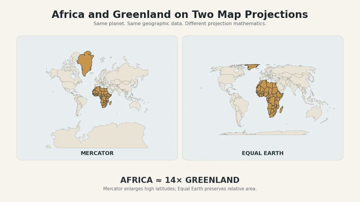 Africa and Greenland compared on Mercator and Equal Earth projections.