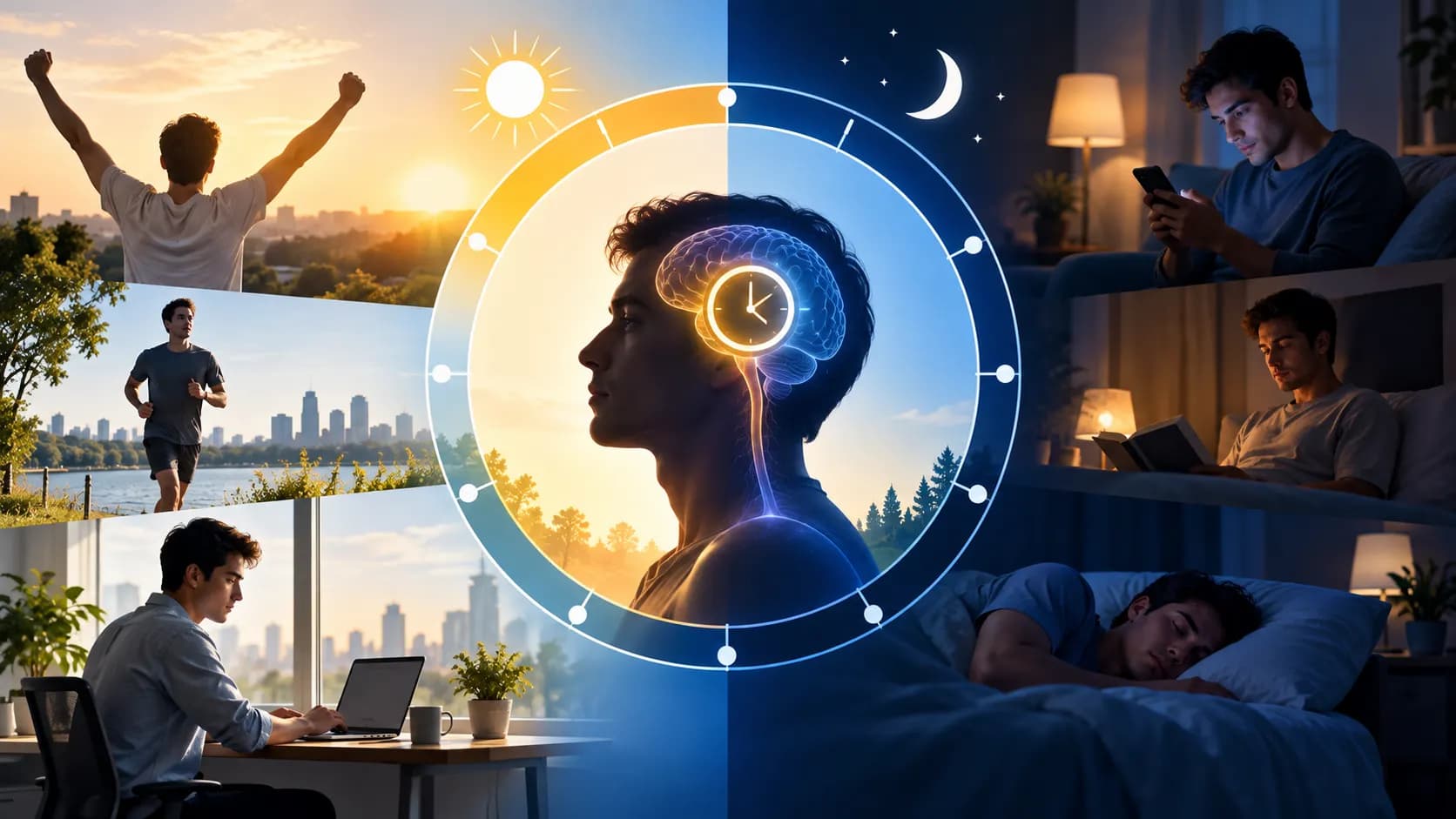 An illustration of a 24-hour light-dark cycle, an internal body clock and nighttime sleep timing.