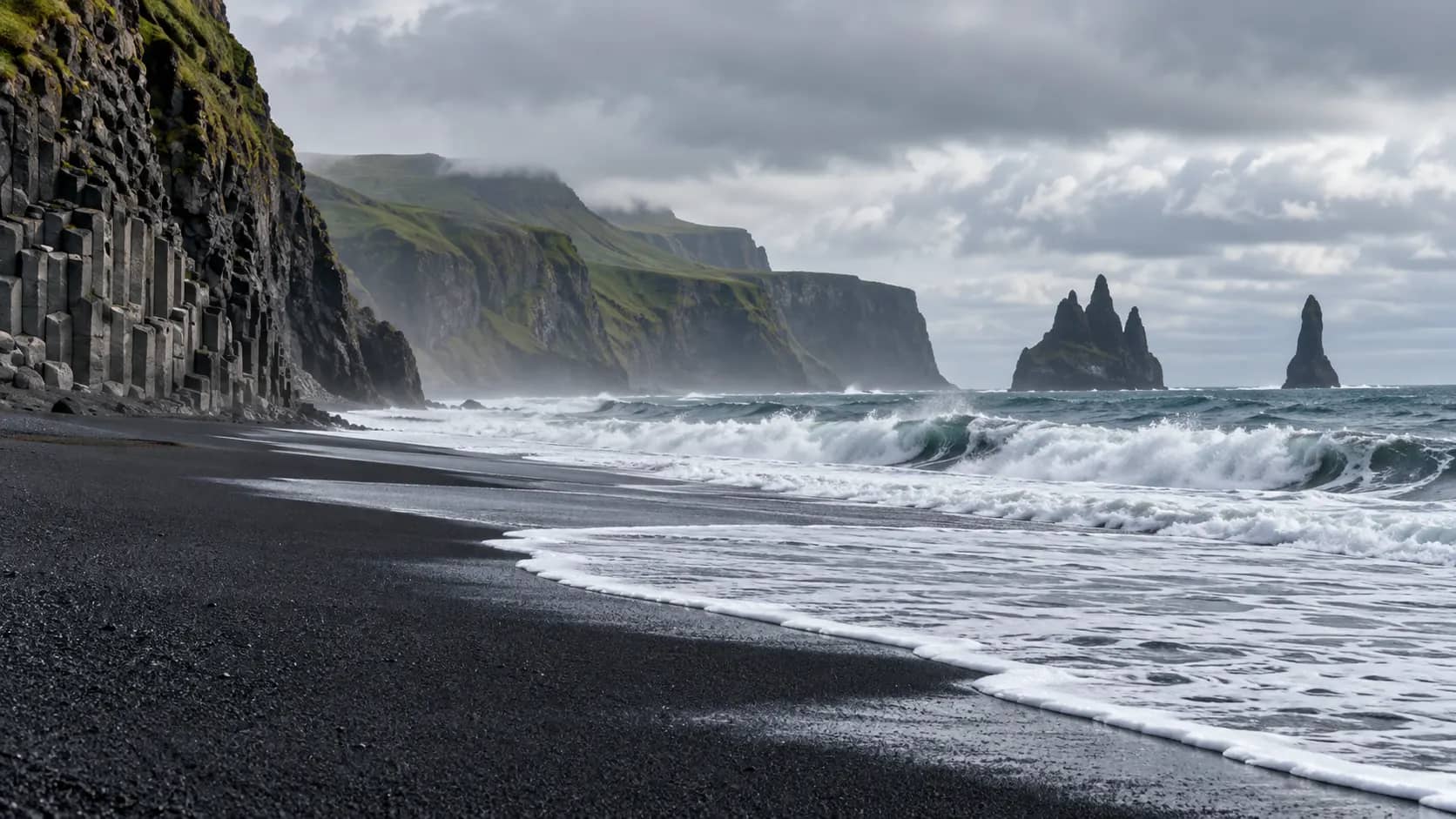 A black sand beach on Iceland's South Coast with Atlantic waves and dark basalt cliffs.