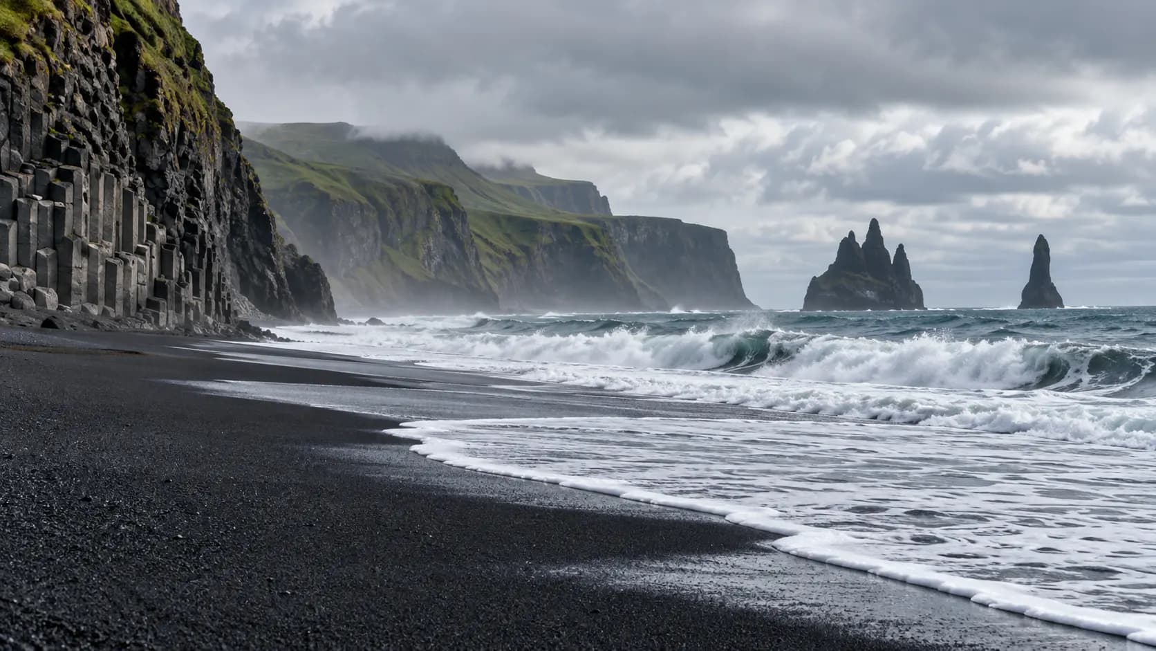 A black sand beach on Iceland's South Coast with Atlantic waves and dark basalt cliffs.
