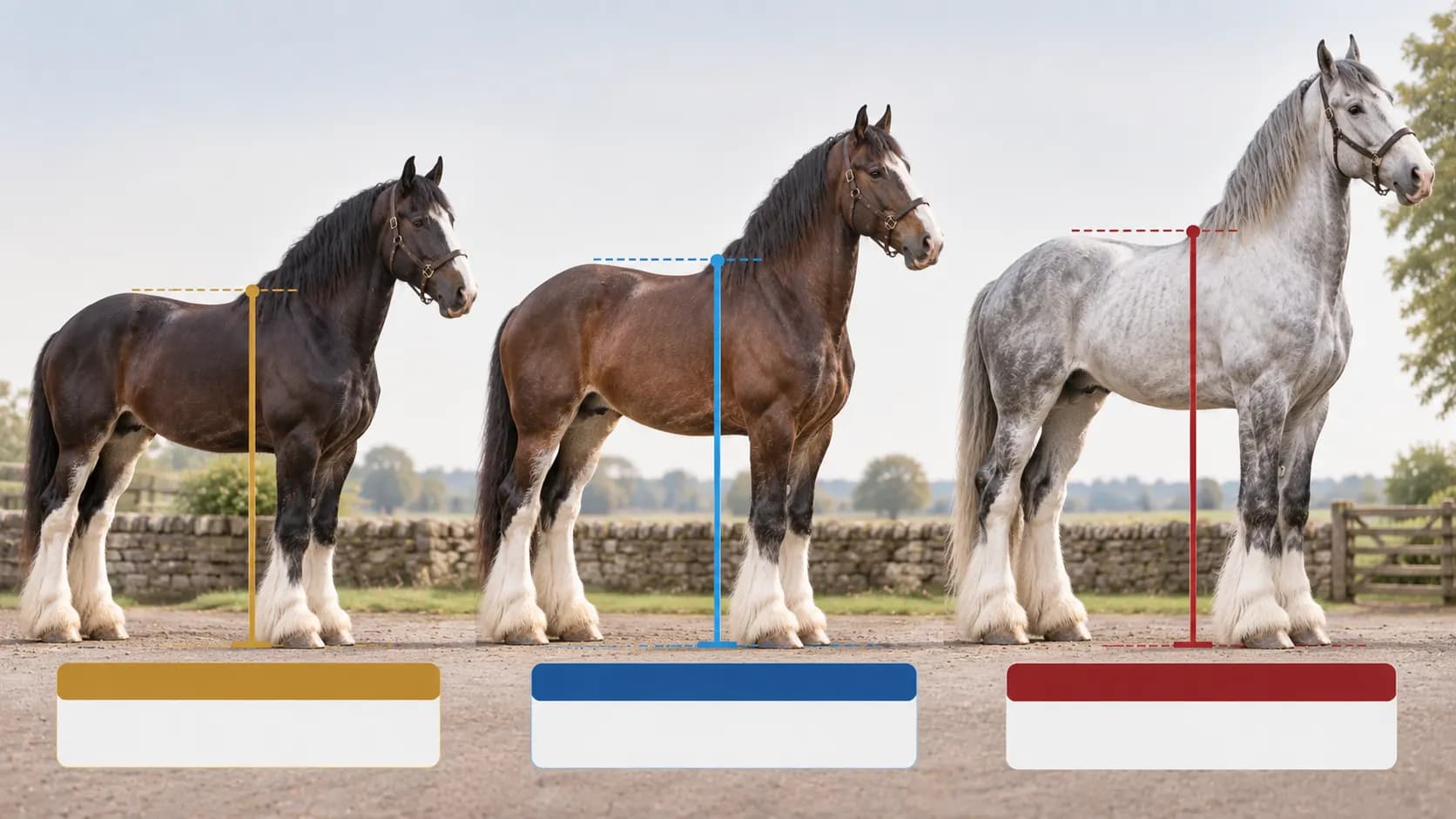 A scale comparison of three draft-horse silhouettes representing heights of 199, 210.19 and 219 centimetres at the withers.