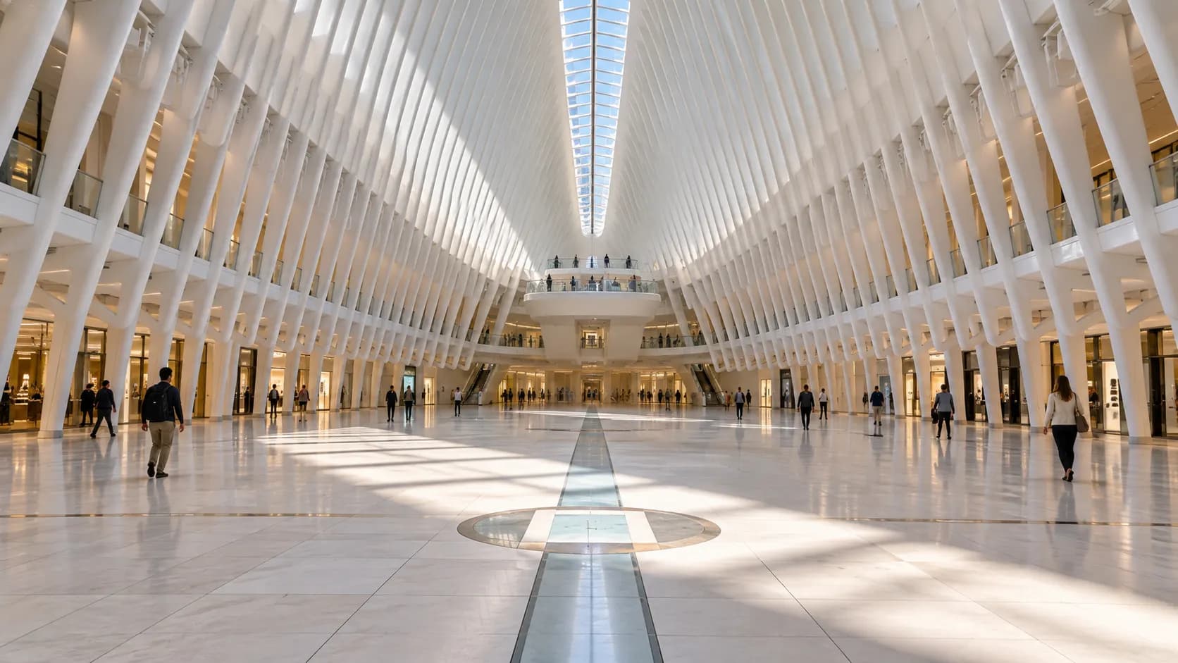 Sunlight crossing the floor inside the World Trade Center Oculus near permanent Wedge of Light markings.