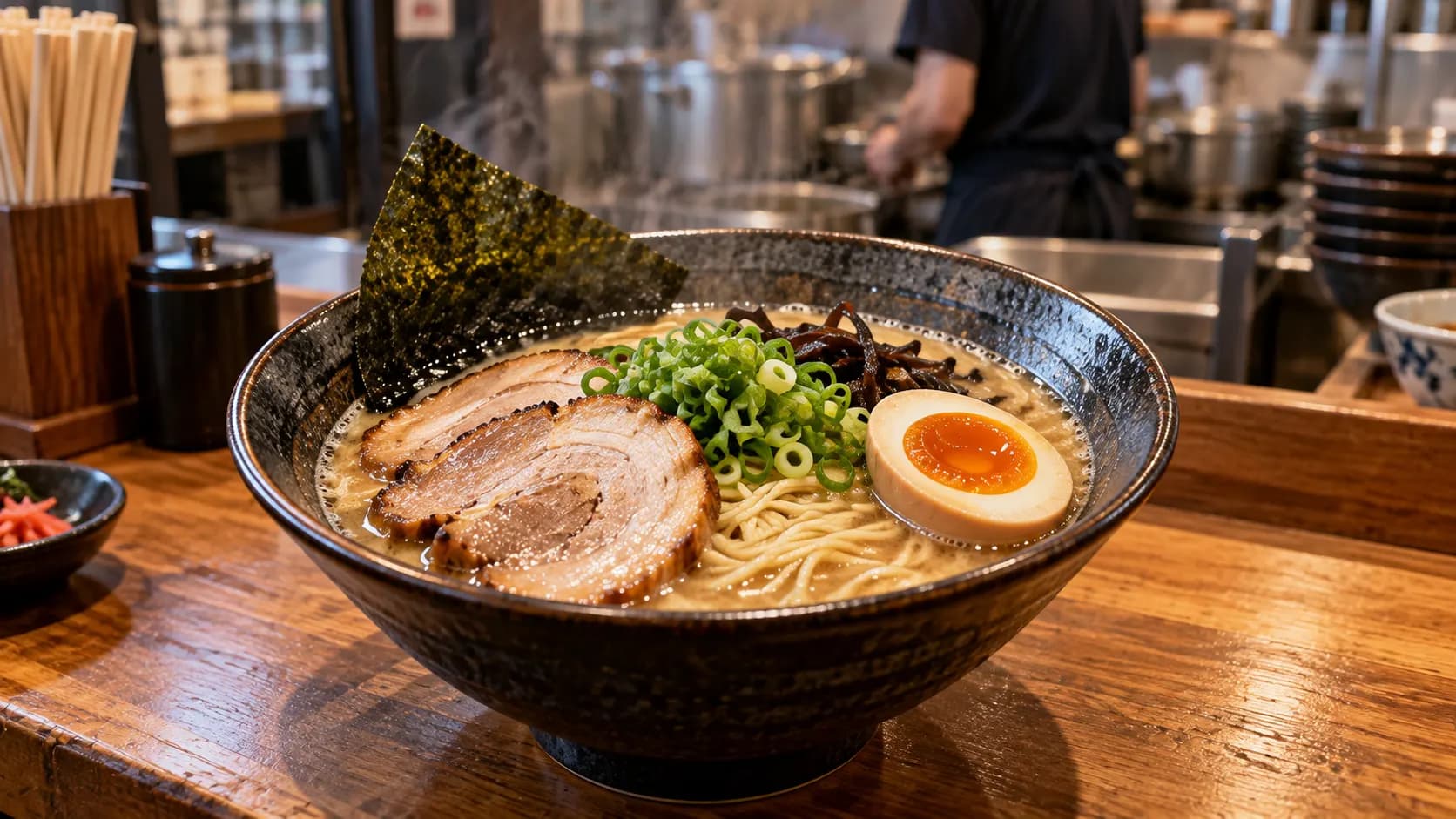 A bowl of Japanese ramen with noodles, broth, sliced pork, egg and green onion on a restaurant counter.