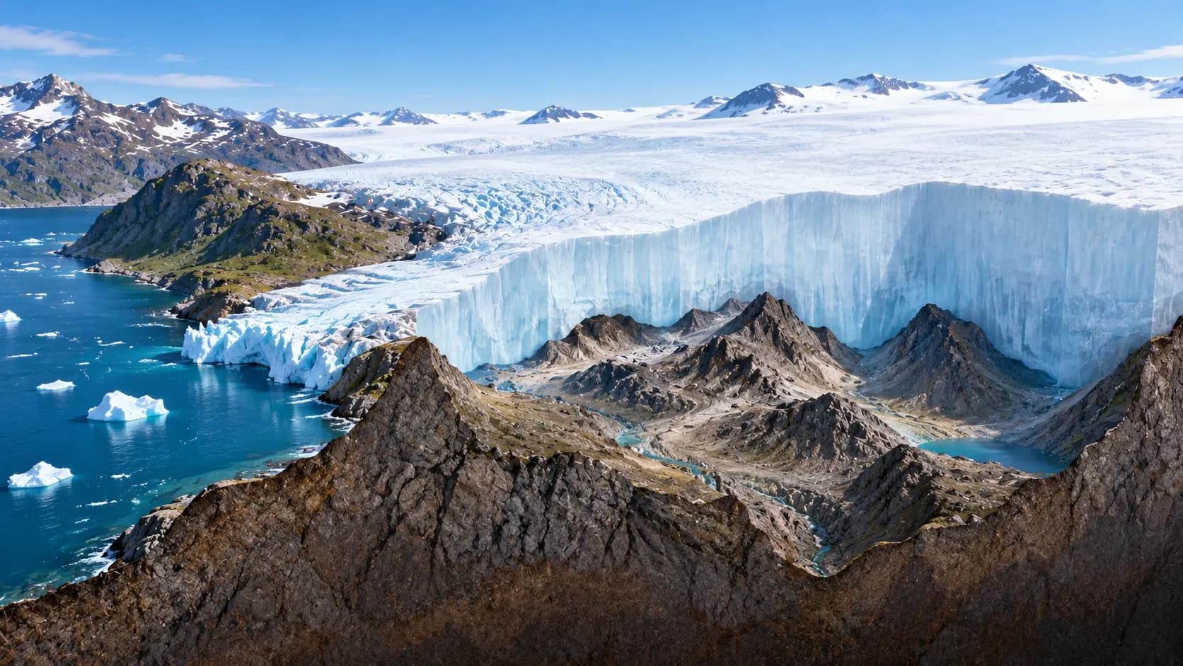 A cross-section showing Greenland's thick ice sheet above mountains, valleys and bedrock.