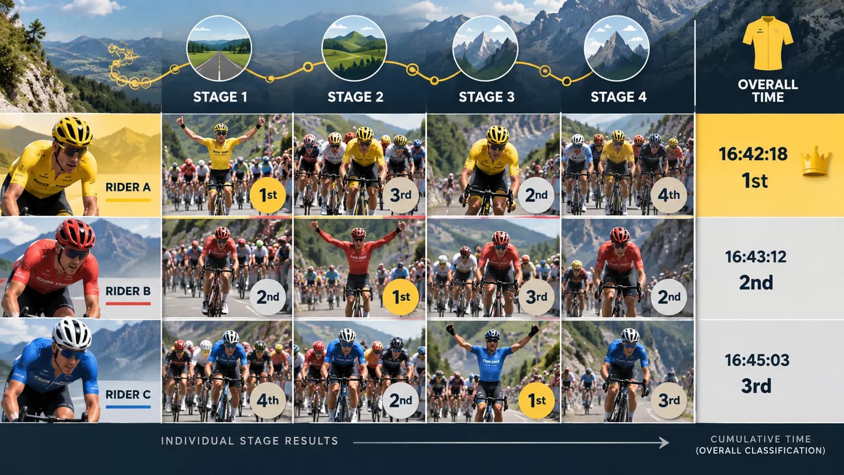A diagram comparing individual stage results with cumulative race time across several stages.