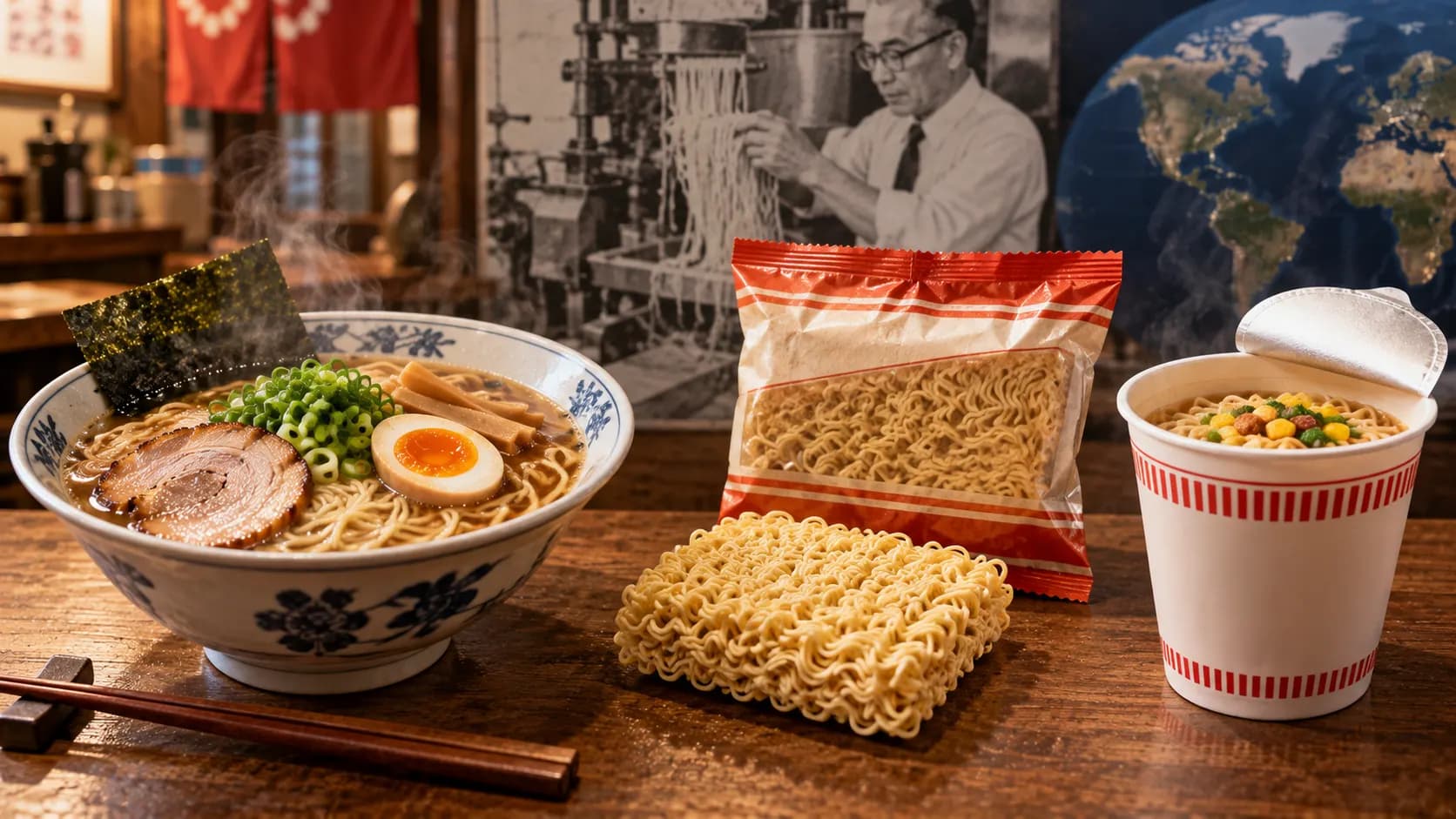 A restaurant ramen bowl beside packet and cup-style instant noodles representing ramen's evolution into convenience food.