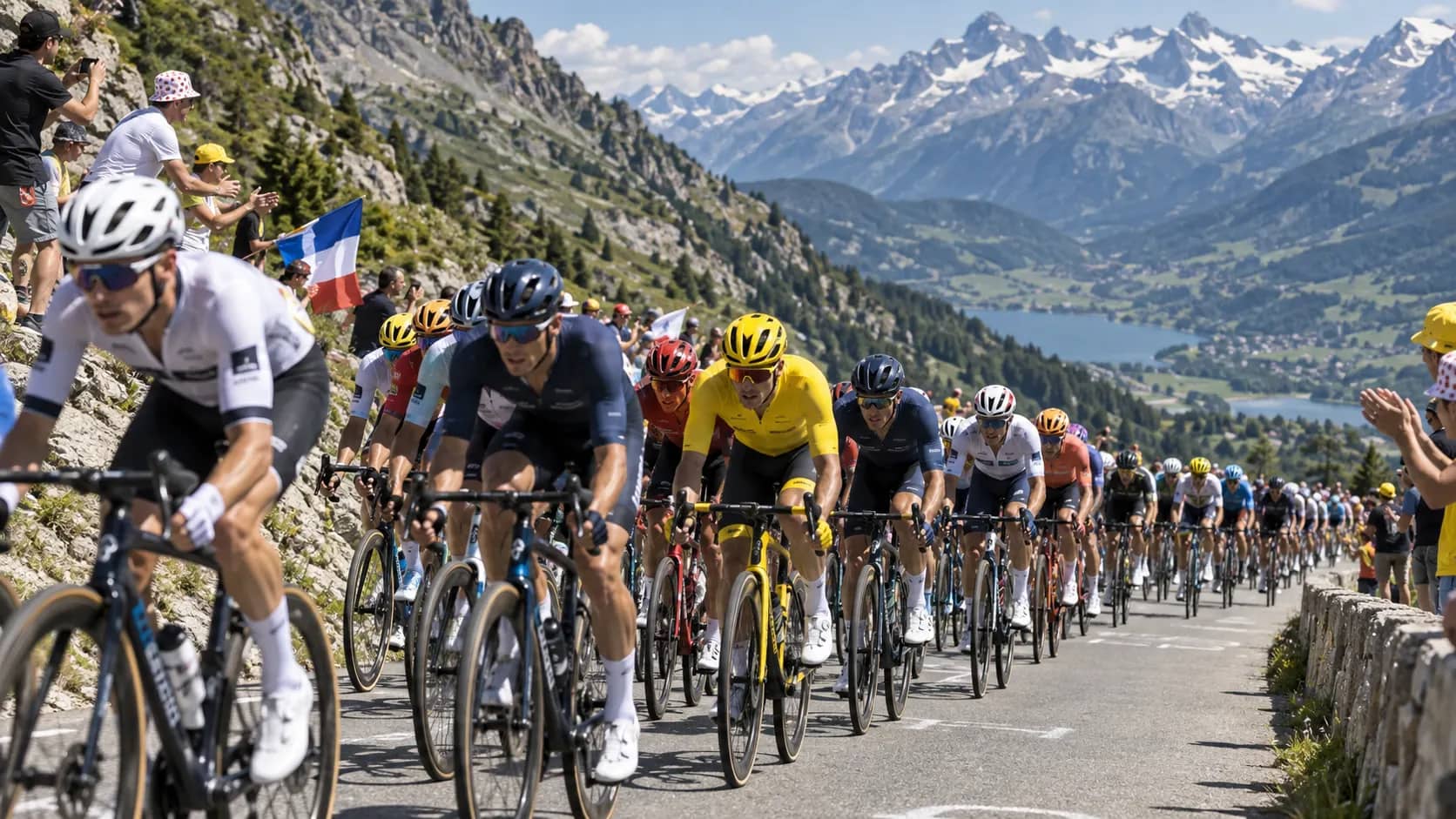 A large group of professional cyclists racing along a mountain road with a yellow-jersey rider inside the peloton
