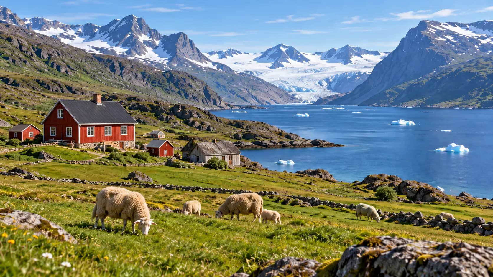 Sheep grazing on green summer pasture beside a fjord in South Greenland.