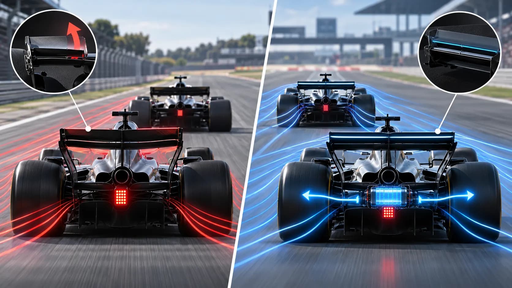 A comparison illustrating the former rear-wing DRS system and the 2026 combination of active aerodynamics and electrical overtaking assistance.