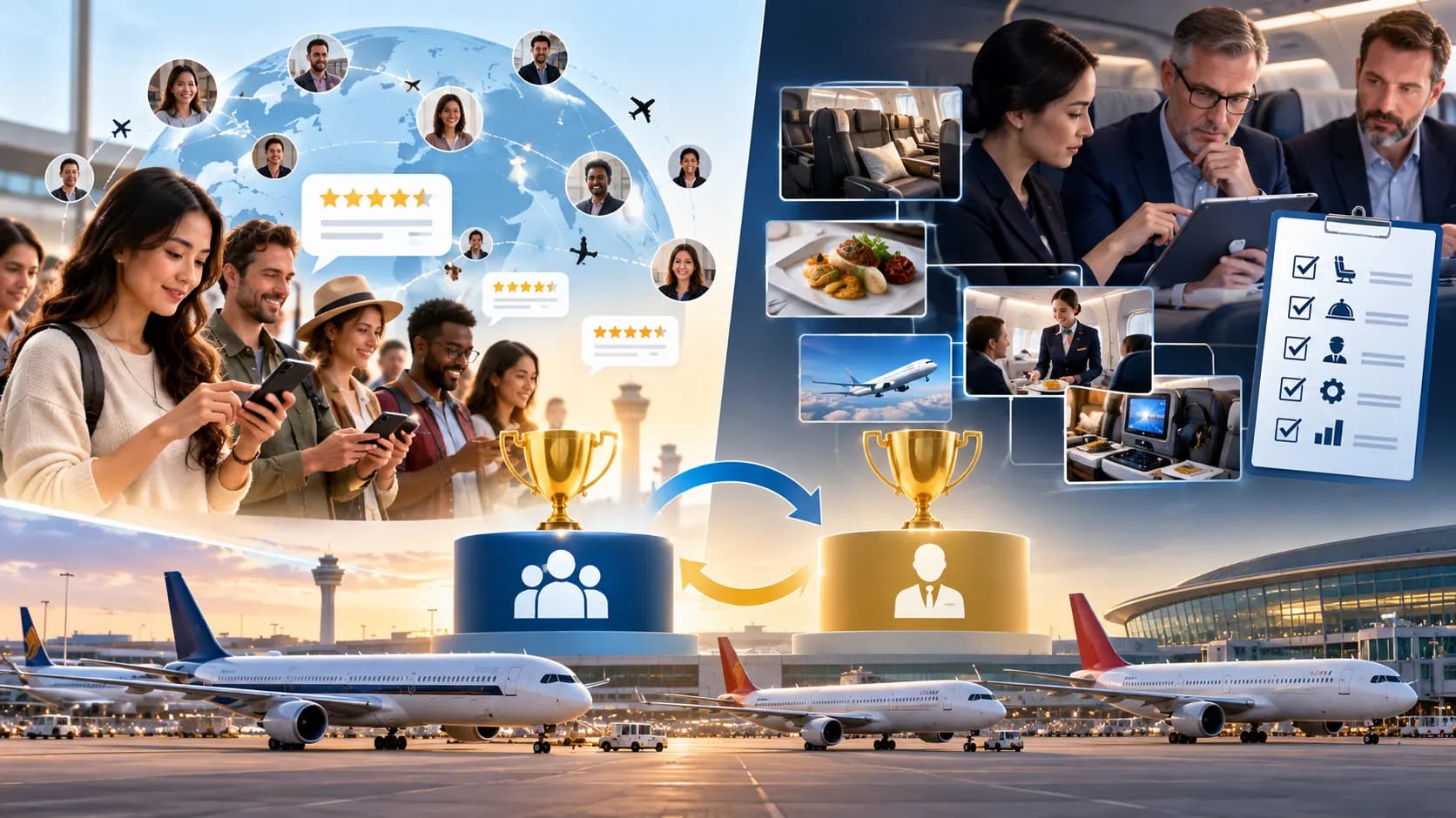 A comparison illustrating passenger-survey and expert-evaluation approaches to ranking airlines.