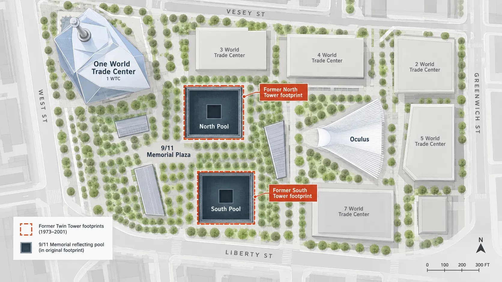 A site map showing the two 9/11 Memorial pools aligned with the former North and South Tower footprints.