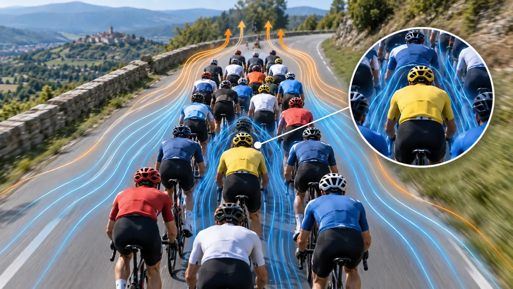 A cycling peloton with airflow illustrated around the group and a rider sheltered behind teammates.