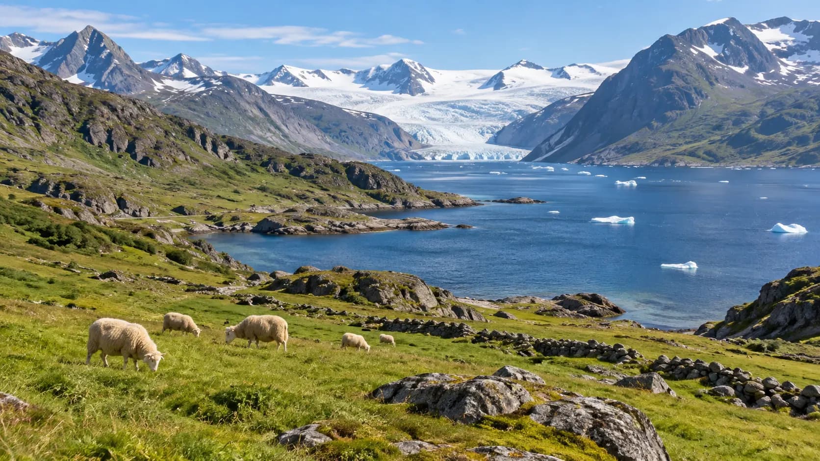 Green summer pastures beside a fjord in South Greenland with ice and mountains in the distance.