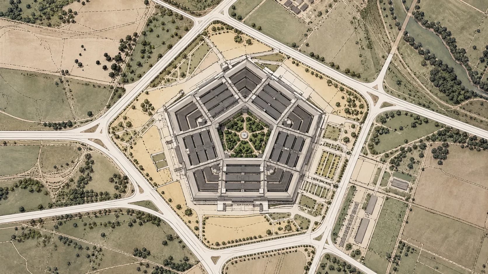 A site-plan illustration showing the early Pentagon design fitted within the five-road layout at Arlington Farms.