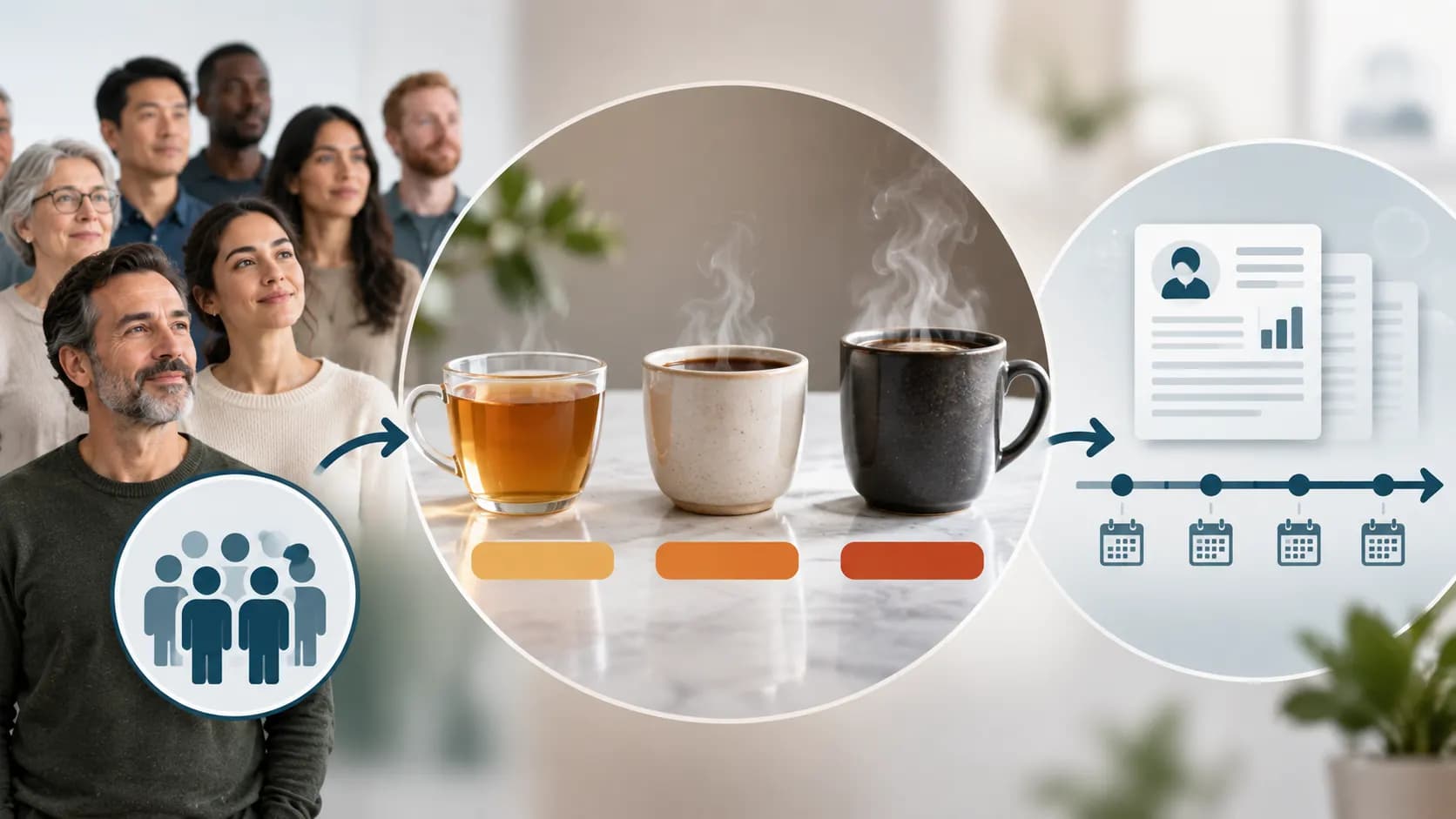 A research illustration comparing warm, hot and very hot drink preferences in a large group followed over time.