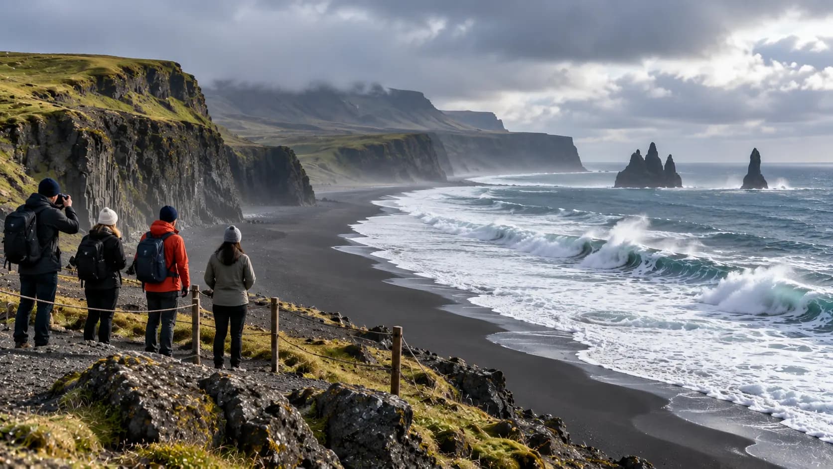 Visitors viewing a black sand coastline from a safe elevated area while powerful waves break below.