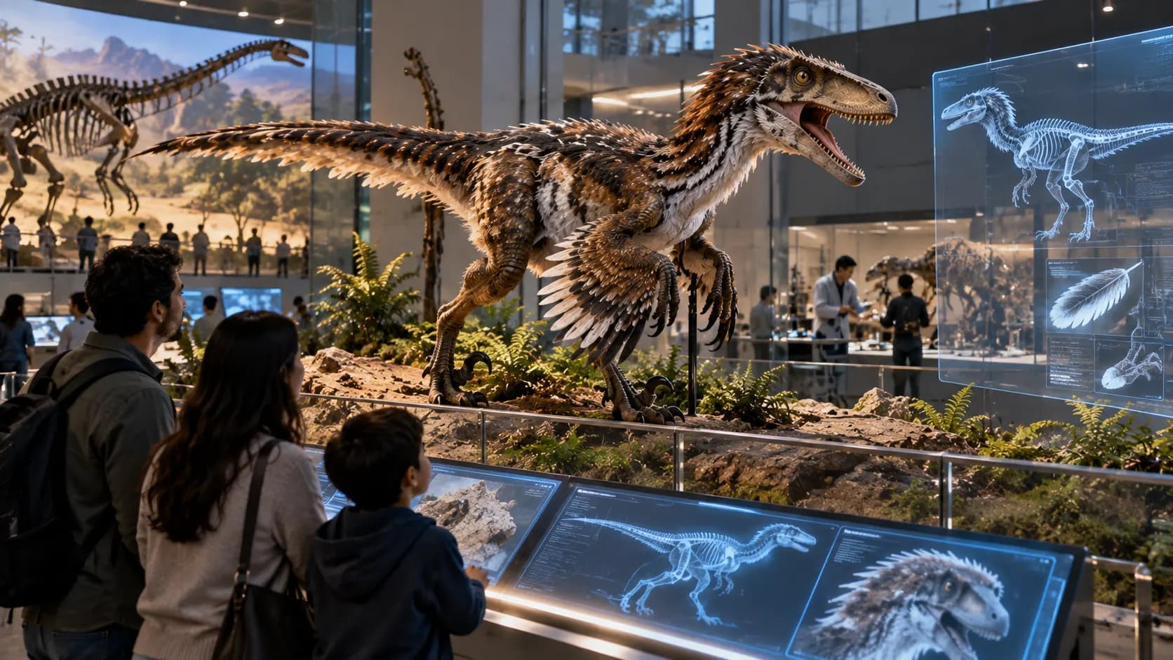 Museum visitors viewing a life-sized feathered dinosaur reconstruction supported by digital technology.