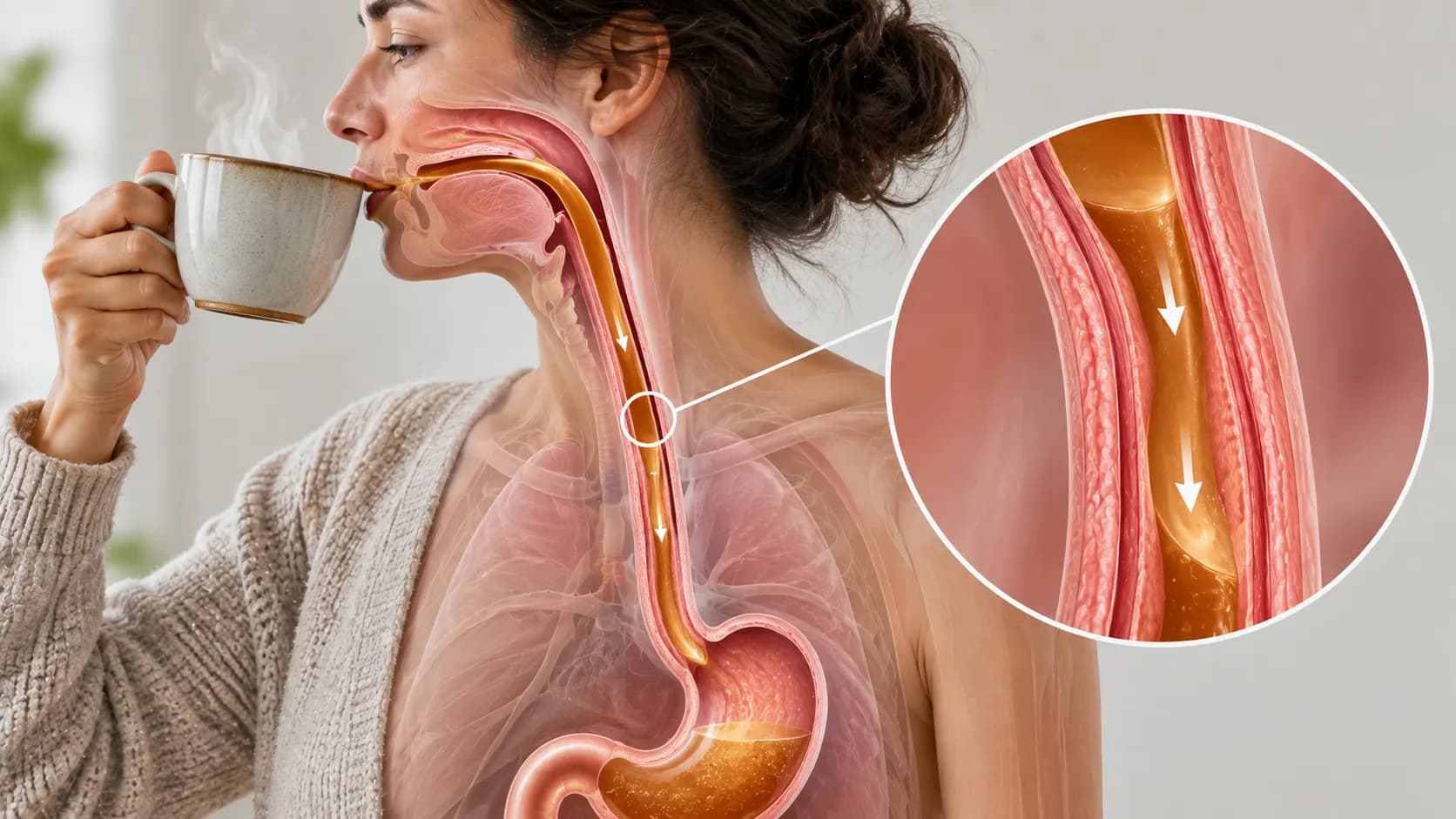 A medical illustration showing the oesophagus connecting the mouth to the stomach and the path taken by a swallowed drink.