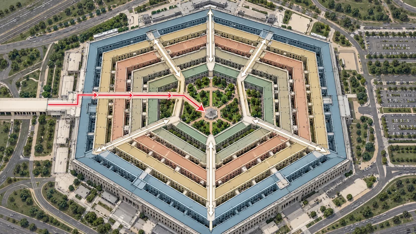 A simplified Pentagon floor plan showing five concentric rings connected by radial corridors.