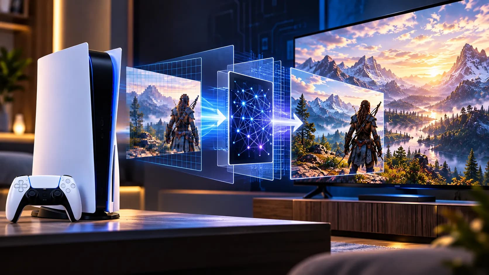Illustration of machine-learning image reconstruction improving a game frame on a modern console.