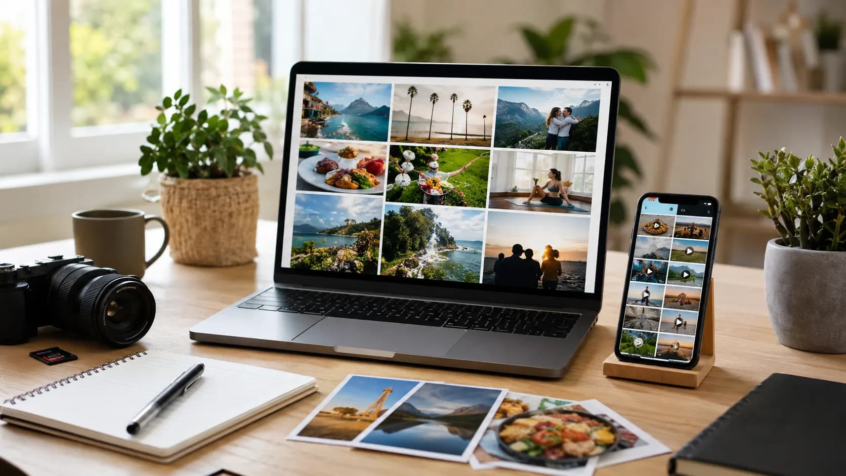 Scheduling Social Media Posts Realistic lifestyle photography of a creator organising social media posts on a digital calendar, laptop and smartphone displaying colourful content cards, clean desk with planner and pen, calm productive atmosphere, so